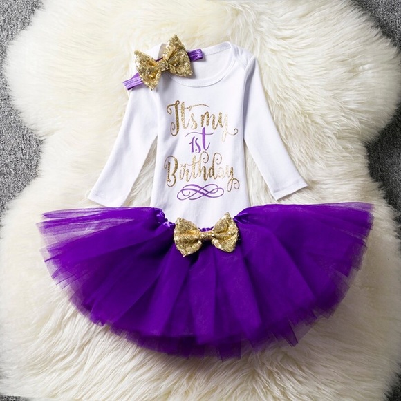 Other - 1st Birthday Outfit Matching Onesie Purple Tulle Skirt and Headband